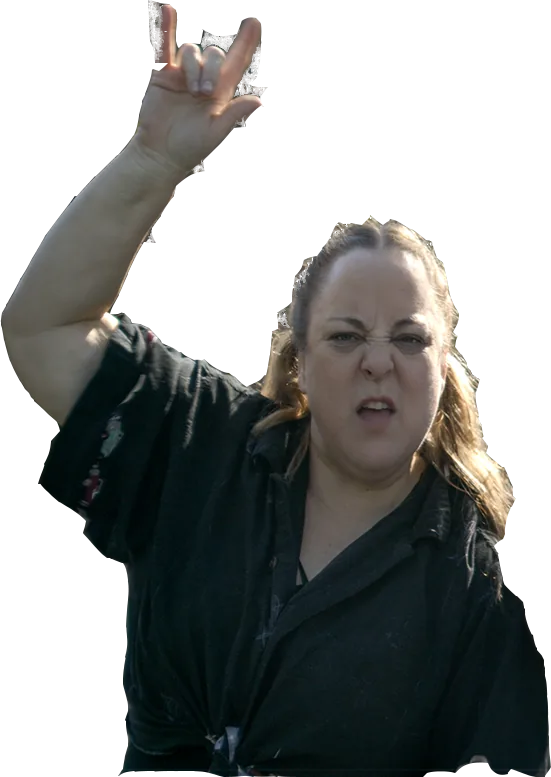 Rachel throwing up a rock-on hand sign