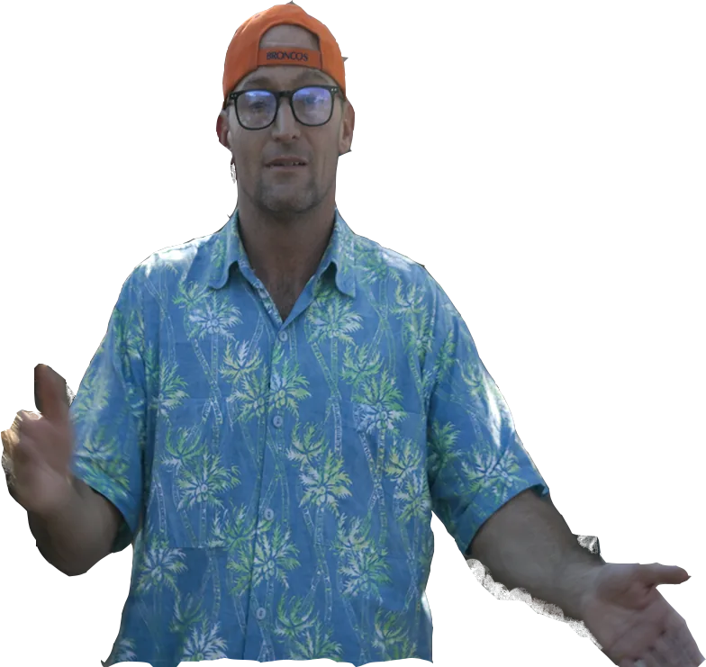 Rusty in a Broncos cap and Hawaiian shirt, shrugging