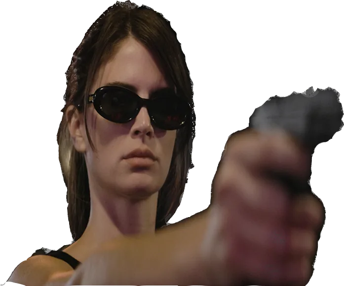 The Terminator in dark sunglasses, aiming a pistol