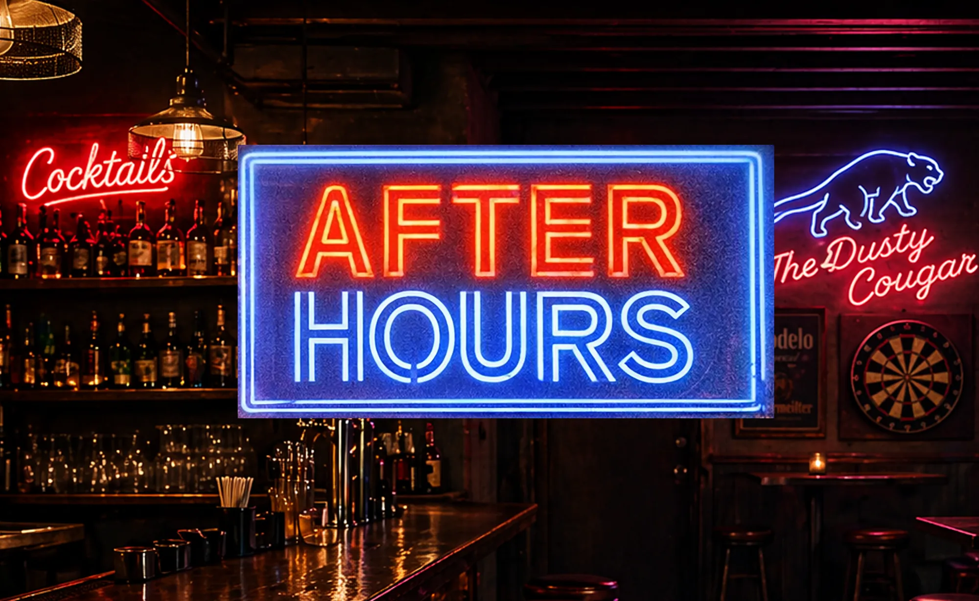 After Hours: a red and blue neon sign glowing inside a dim sports bar, beside a Cocktails sign and The Dusty Cougar's neon cougar.